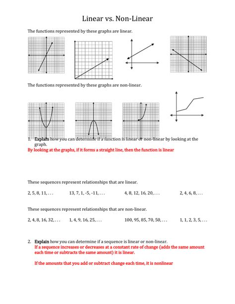 compare linear and nonlinear functions worksheet